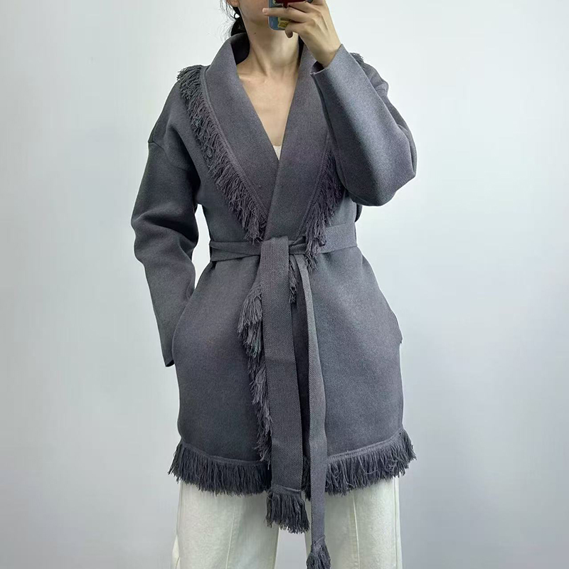 Wool Coat Peacoat - Lange Wollstrickjacke für Damen mit Fransen,