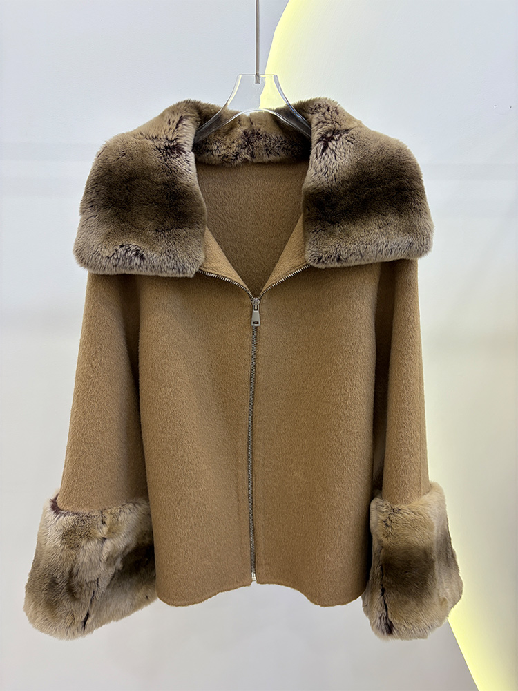 Wool Coat Peacoat - 2026 Winter Damen Echt-Naturpelz Rex-Kaninchenfellkragen Mantel